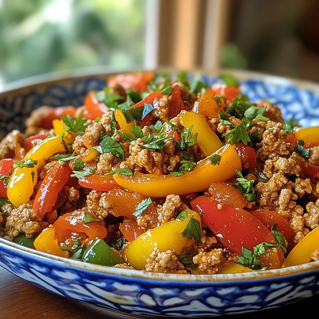 Ground turkey mixed with colorful peppers in a skillet