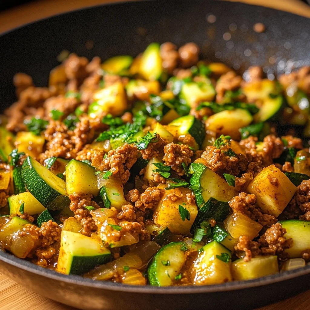 Ground turkey and zucchini skillet dish on a plate