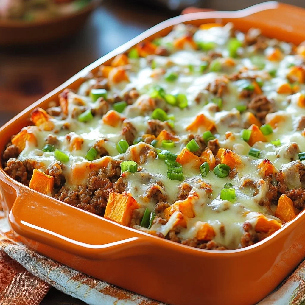 Baked ground turkey with sweet potatoes in a casserole dish