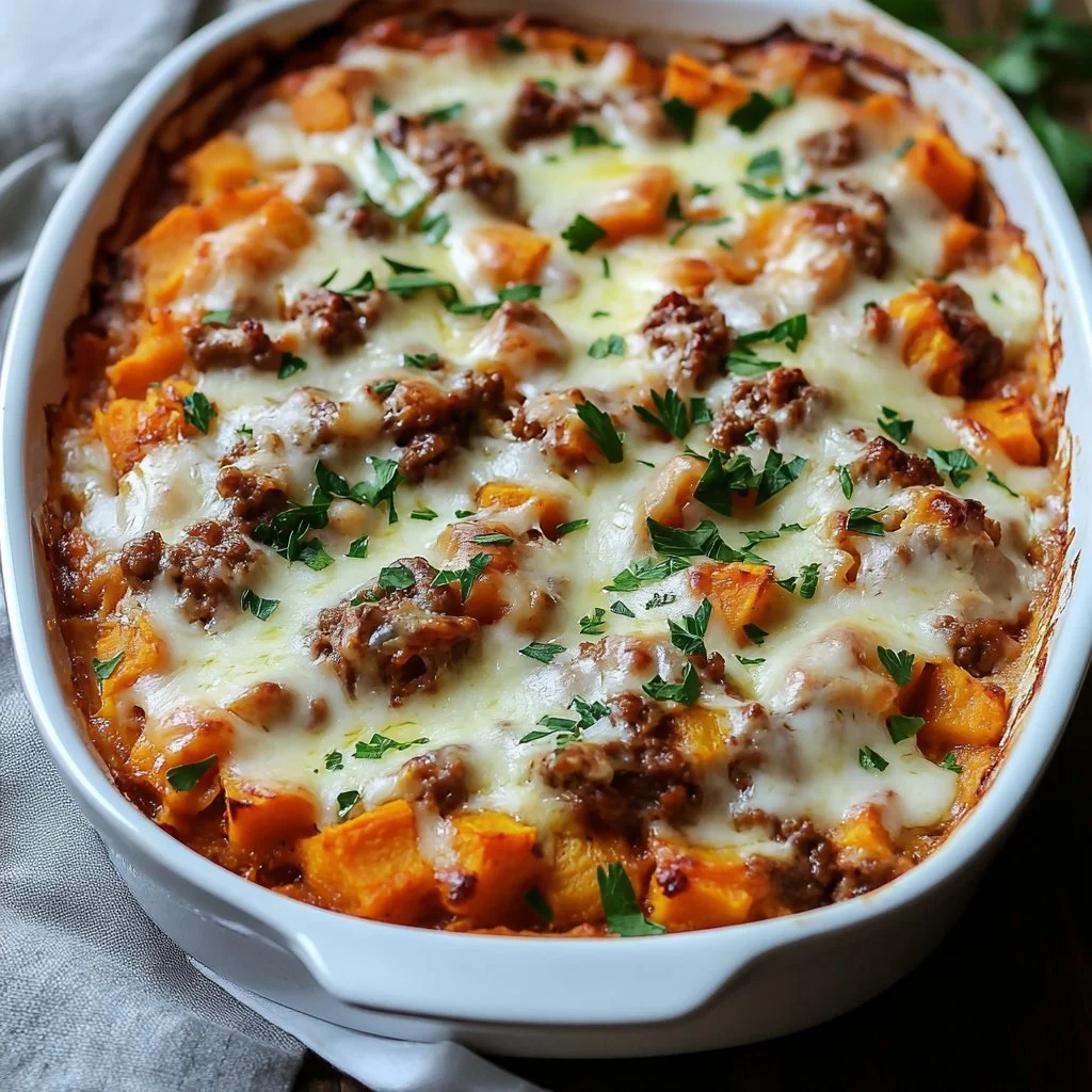 Ground Turkey Sweet Potato Casserole topped with creamy layers and seasonings