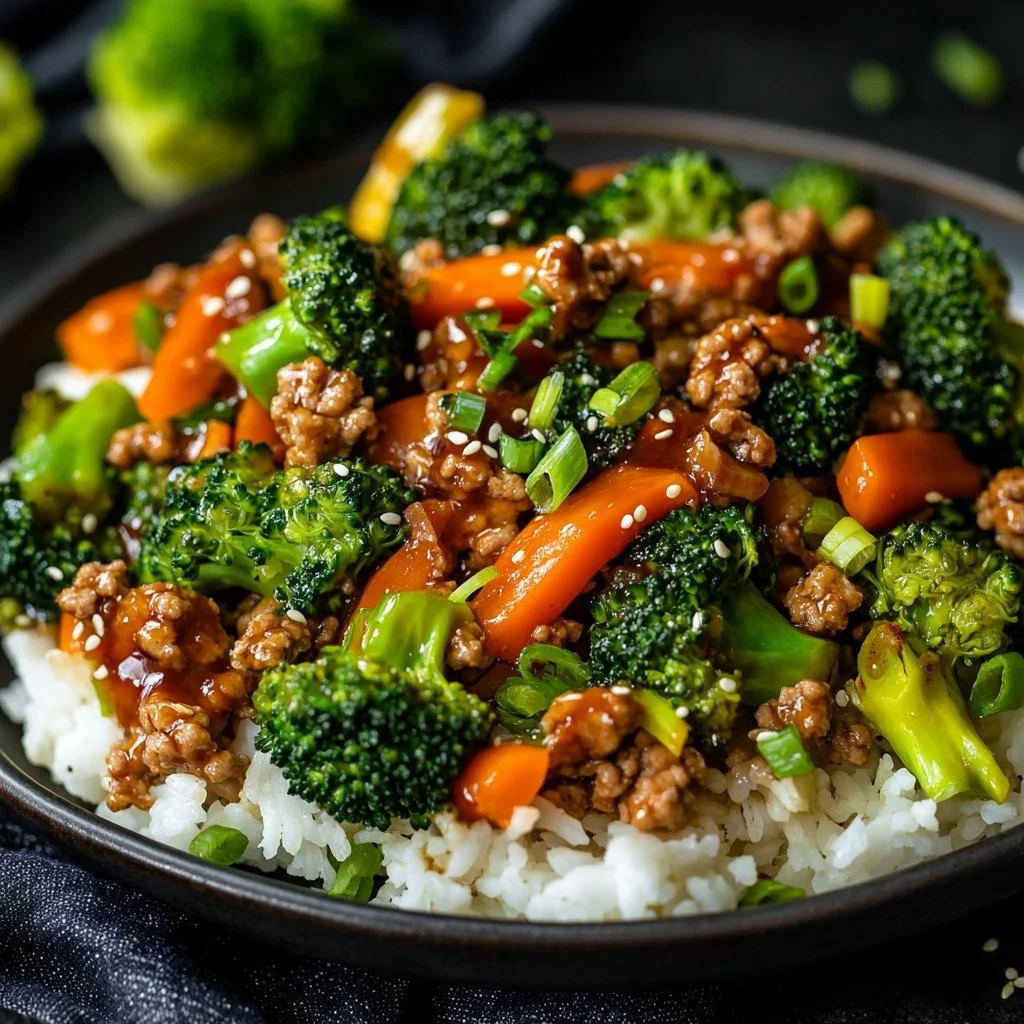 Ground turkey teriyaki stir fry with vegetables in a vibrant sauce