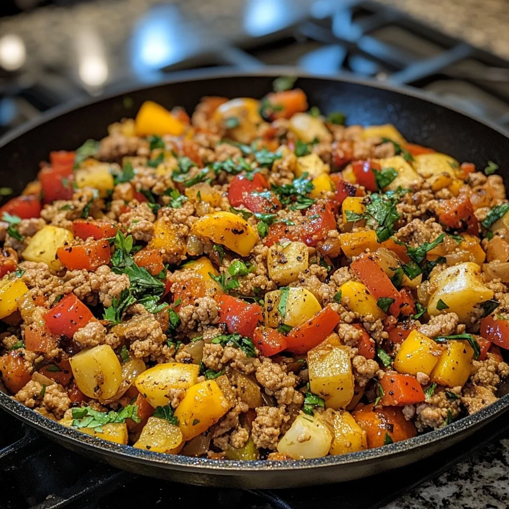 Ground Turkey Vegetable Skillet with colorful veggies in a frying pan