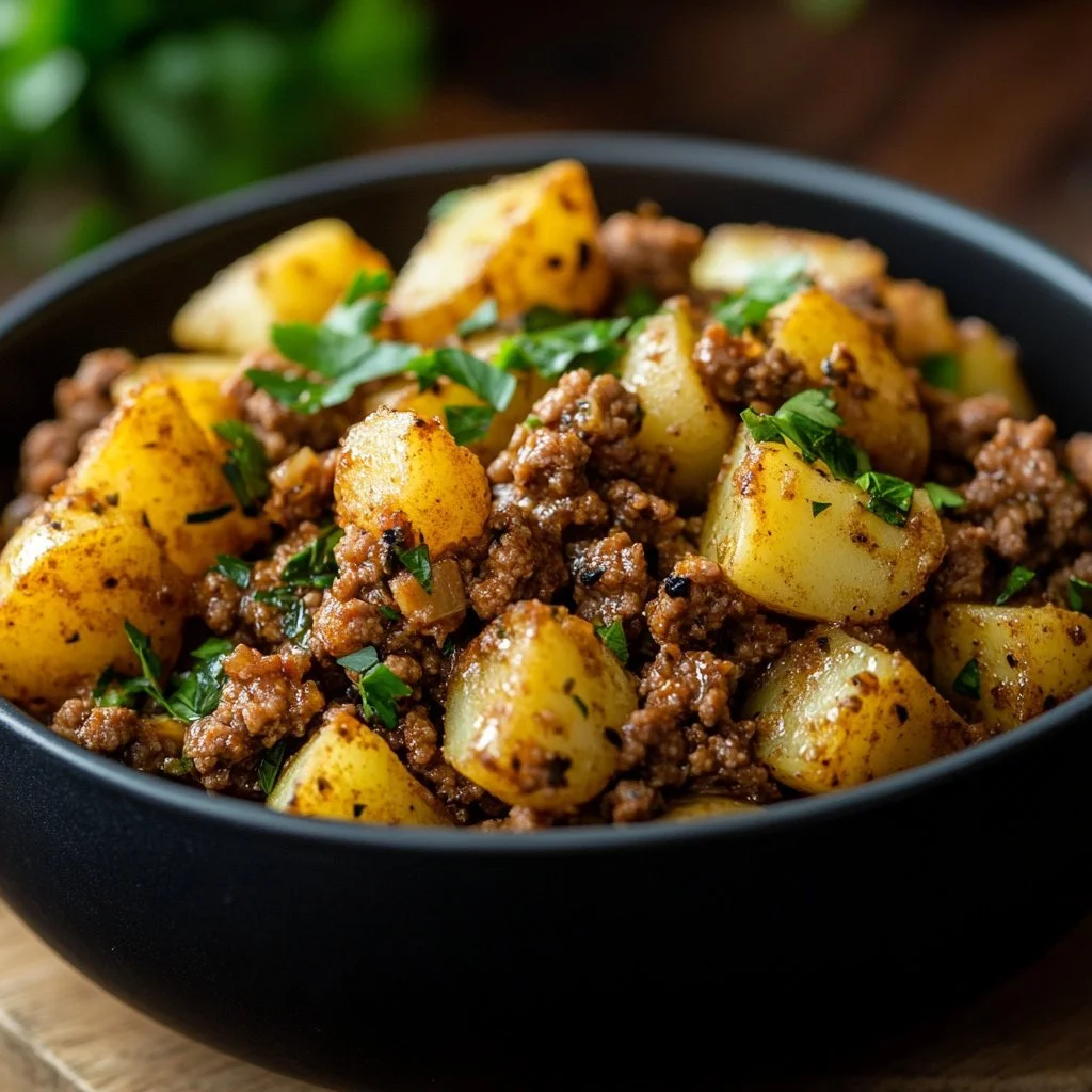 Plate of ground turkey with potatoes garnished with herbs