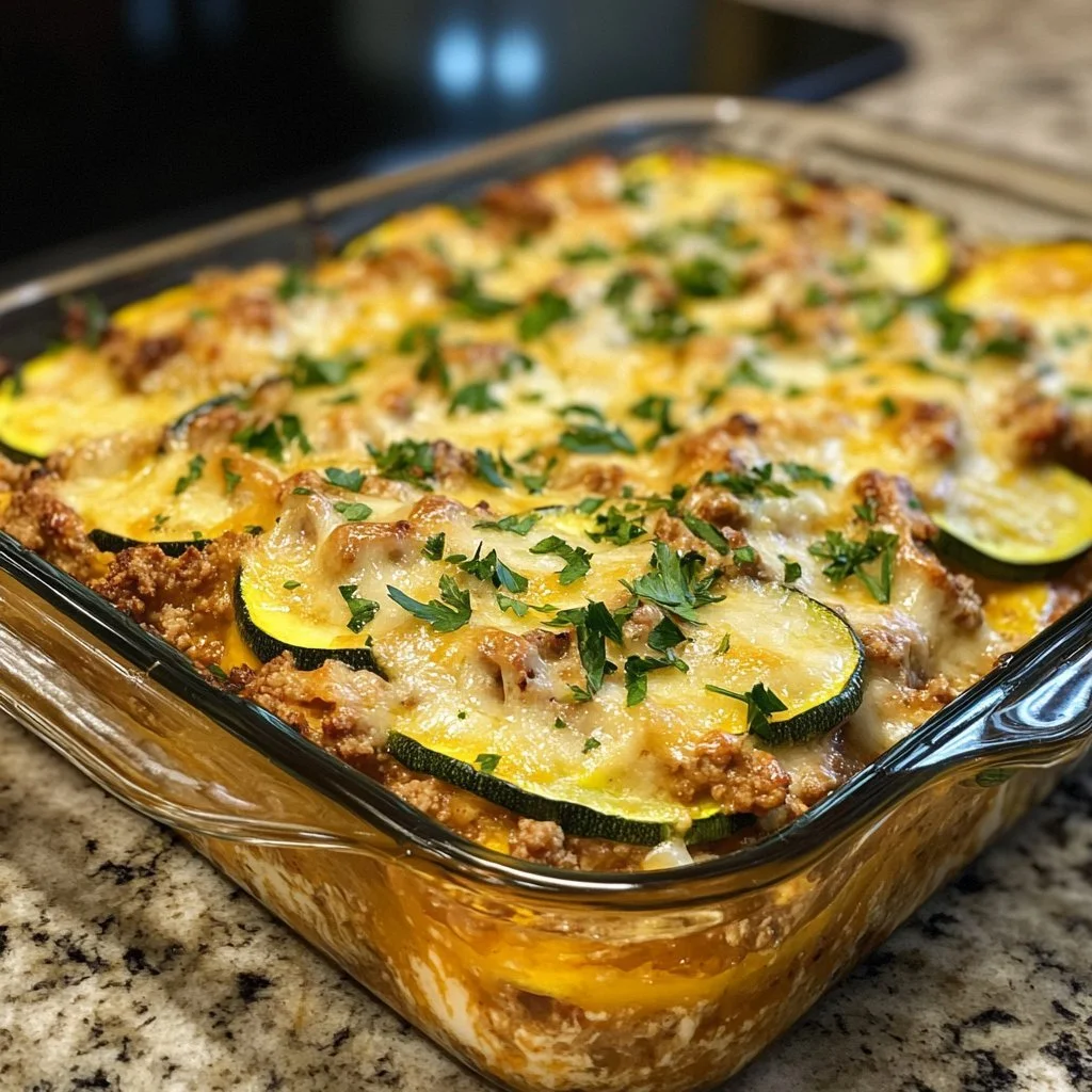 Delicious Ground Turkey Zucchini Casserole topped with cheese and herbs