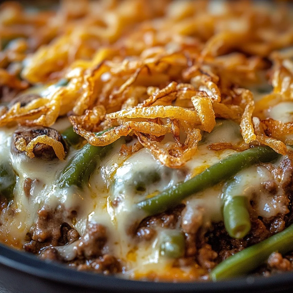 Delicious Hamburger Green Bean Casserole with Mushrooms served in a baking dish.