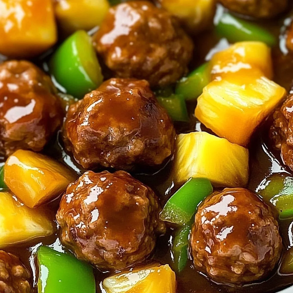 Plate of flavorful Hawaiian Meatballs garnished with pineapple and green onions