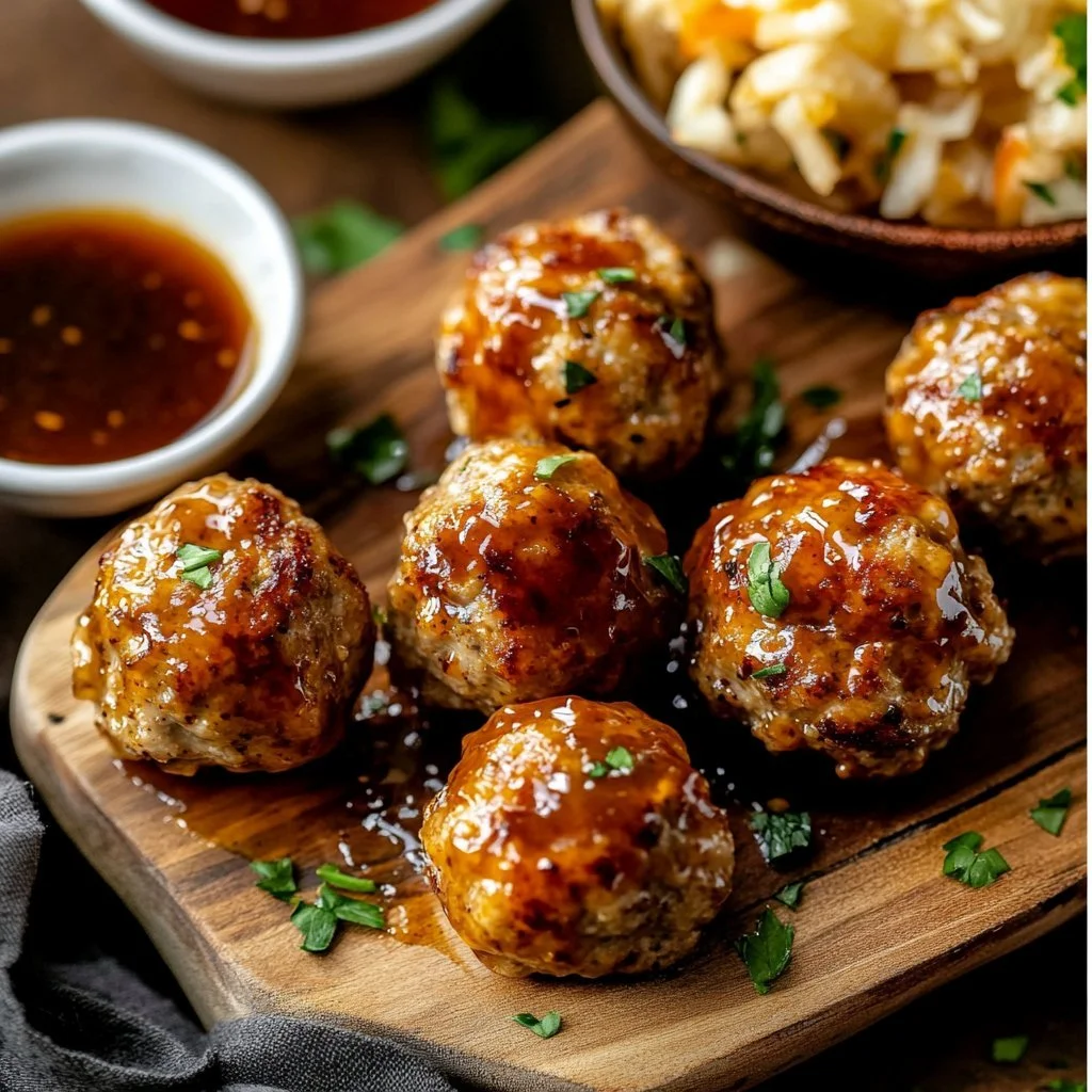 Healthy apple cider turkey meatballs served on a plate with fresh herbs.