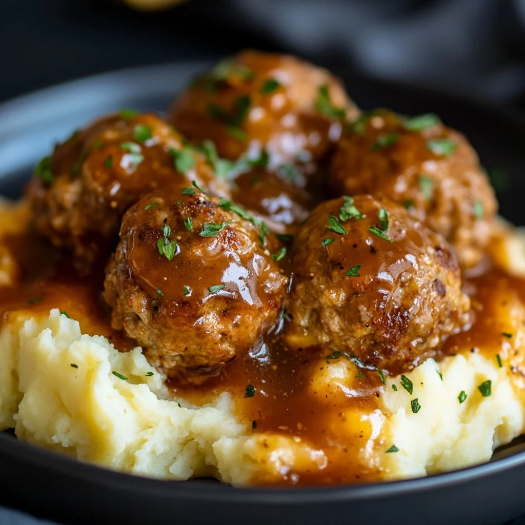 Healthy apple cider turkey meatballs served on a plate with garnish
