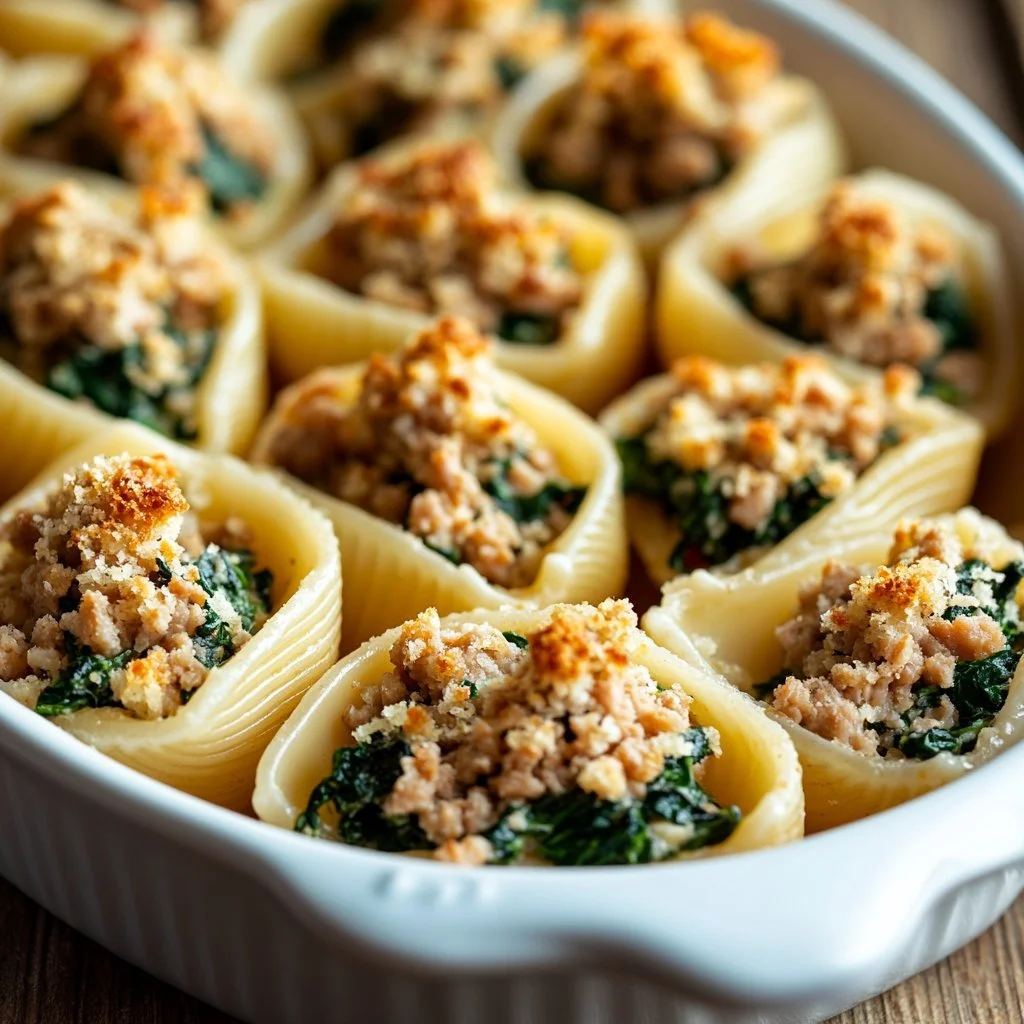 Healthy stuffed shells with ground turkey and spinach on a plate.