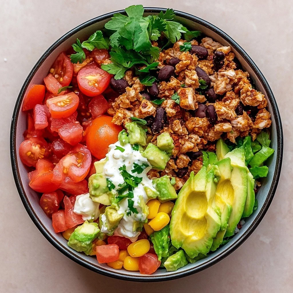 Healthy turkey taco bowl with fresh toppings and spices