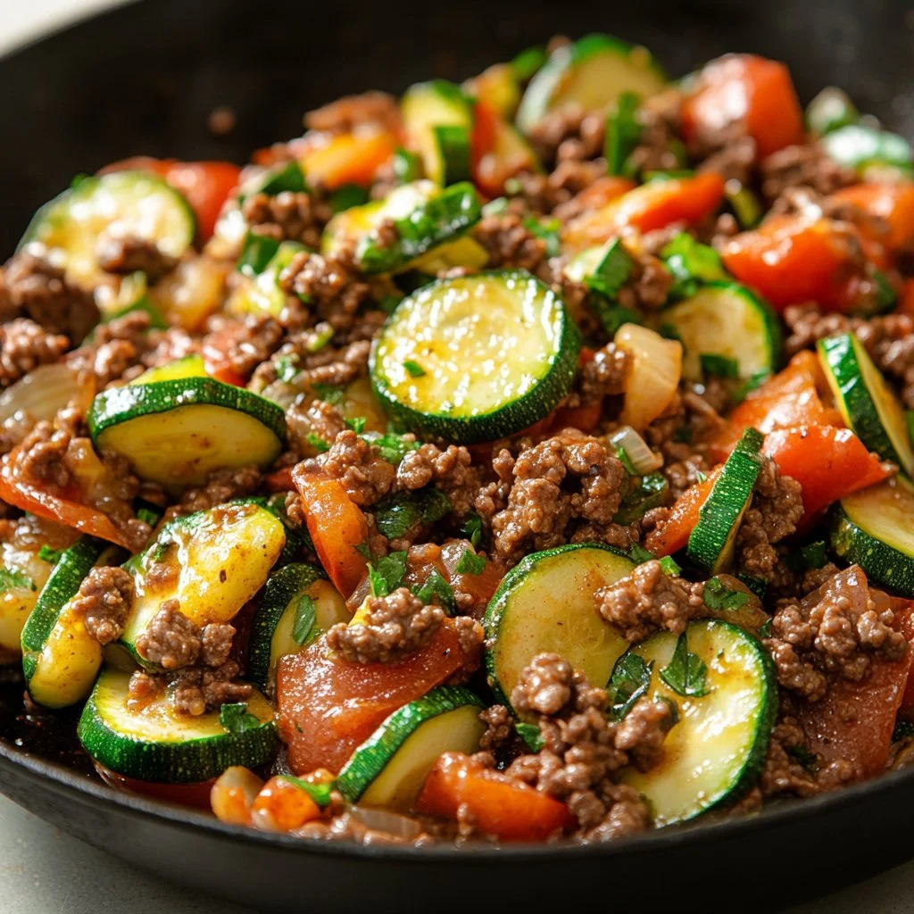 Healthy zucchini beef stir-fry with colorful vegetables in a pan