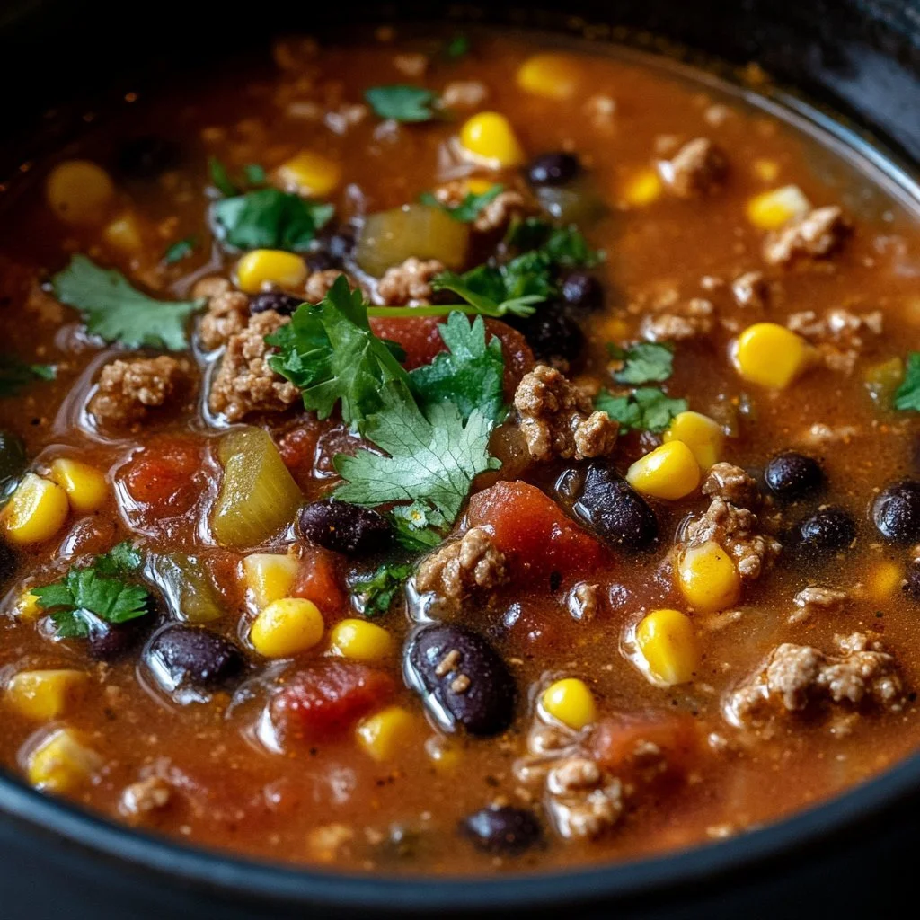 High protein creamy taco soup in a bowl, garnished with cheese and cilantro.