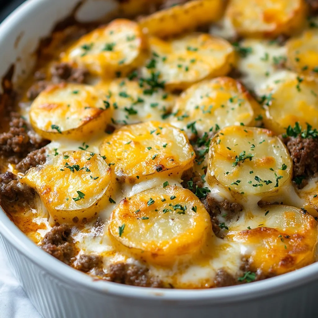 A savory Hobo Casserole made with ground beef and vegetables in a baking dish.