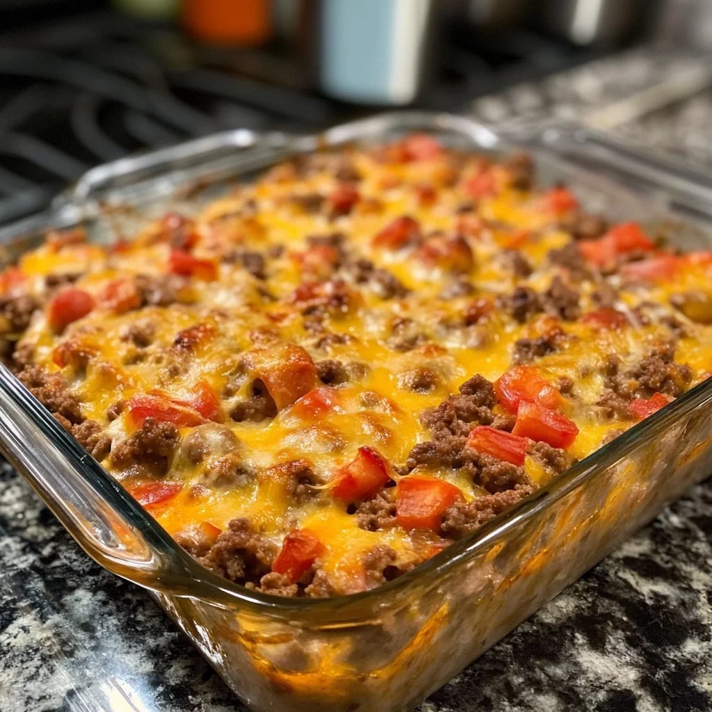 Hobo Casserole with Ground Beef, vegetables, and cheese in a baking dish