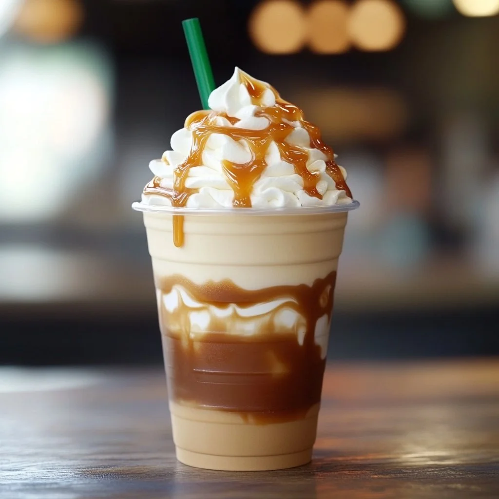 Delicious homemade caramel frappuccino in a glass topped with whipped cream