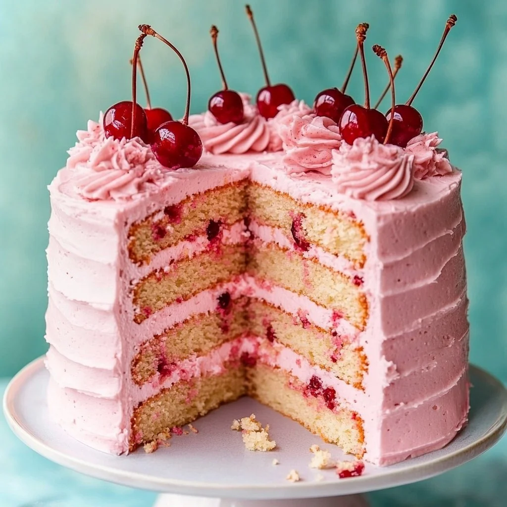 Homemade Cherry Chip Cake topped with cherries and chocolate chips