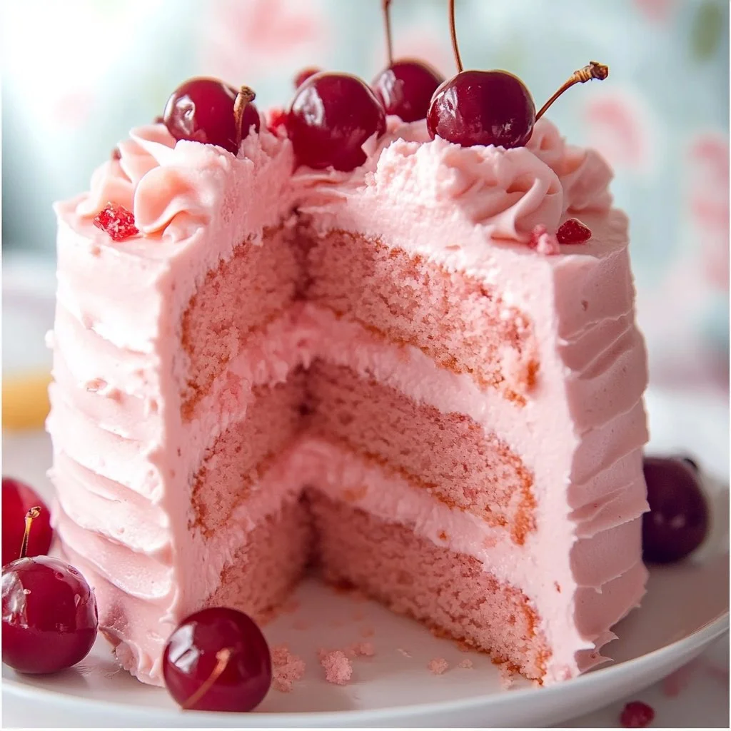 Homemade cherry chip cake topped with pink frosting and cherries