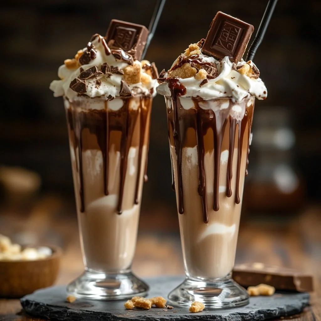 Delicious homemade Kinder Bueno milkshake in a glass with chocolate drizzle
