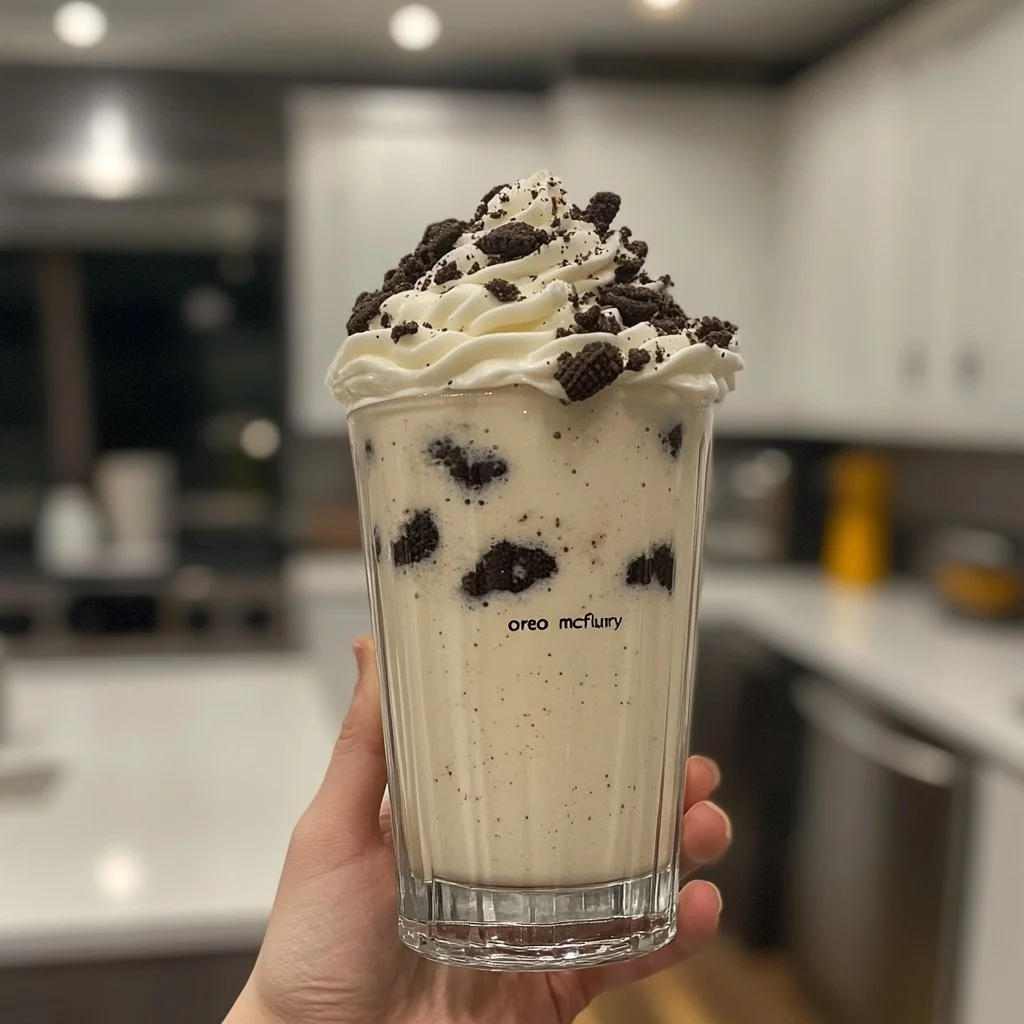 Homemade Oreo McFlurry dessert topped with crushed Oreos and whipped cream