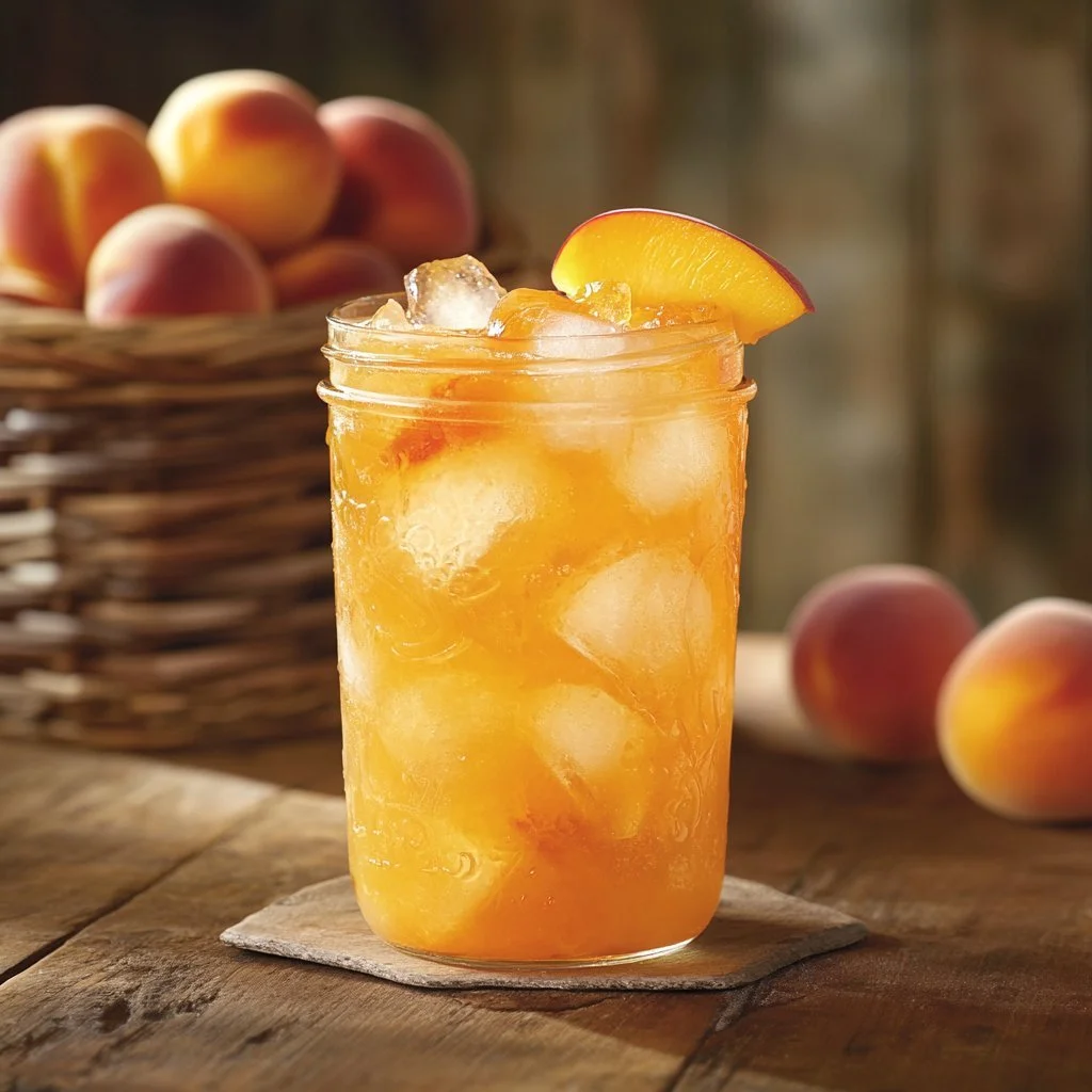 Refreshing homemade peach lemonade served in a glass with fresh peaches