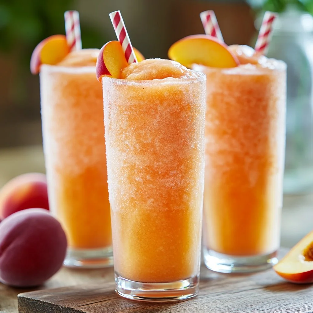 A refreshing homemade peach slurpee in a clear cup with ice.
