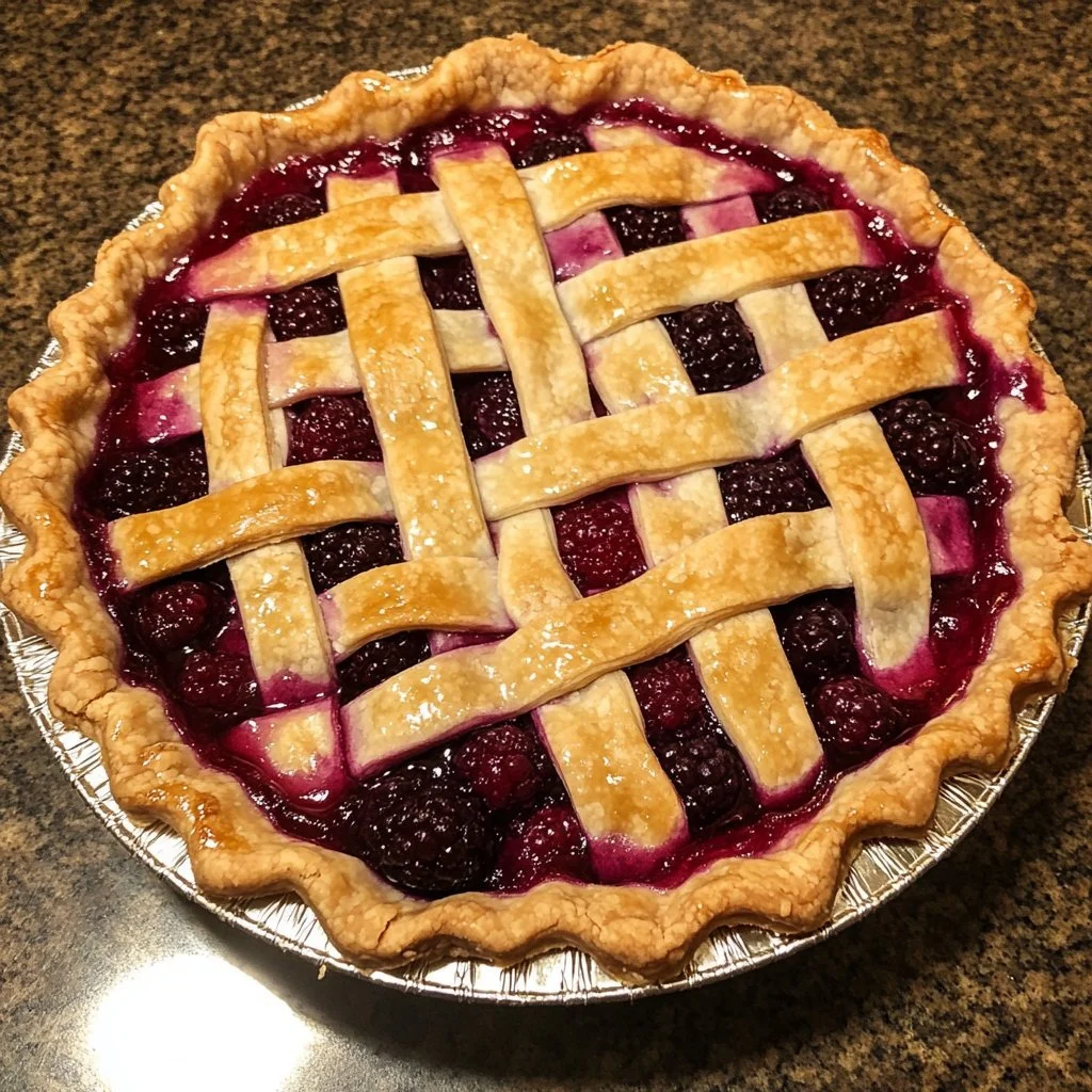 Homemade razzleberry pie with fresh berries and a flaky crust