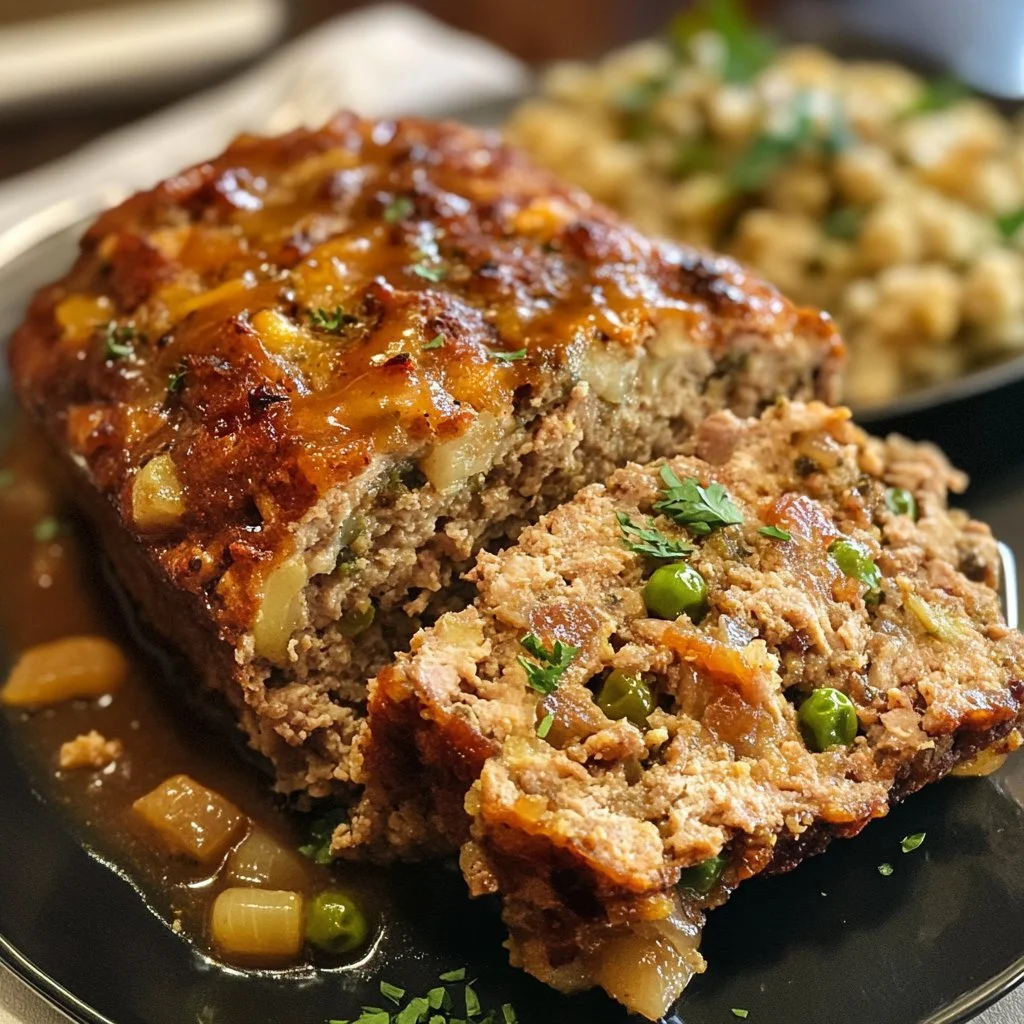 Delicious homemade Turkey Stuffing Meatloaf ready to be served.