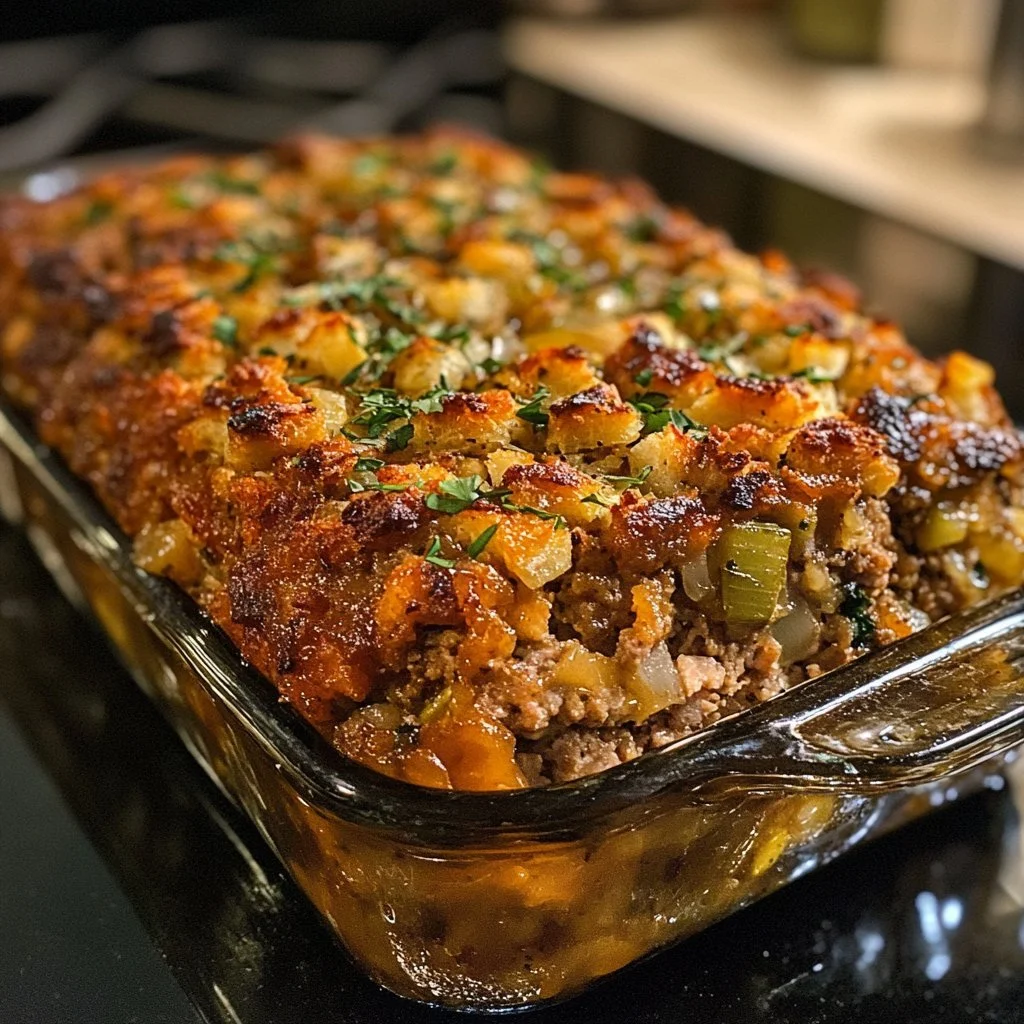 Delicious homemade turkey stuffing meatloaf ready to serve