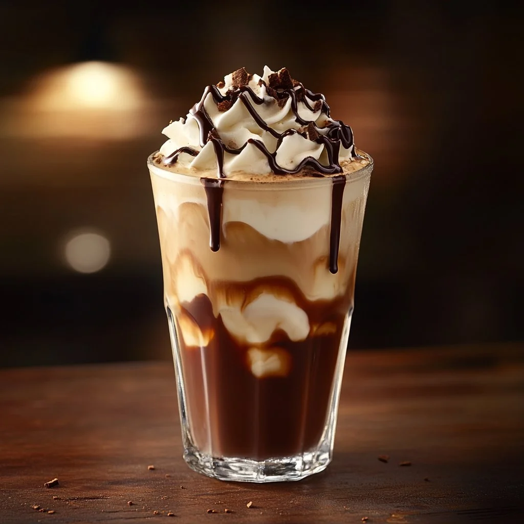 Refreshing Iced Mocha Coffee with chocolate and whipped cream topping