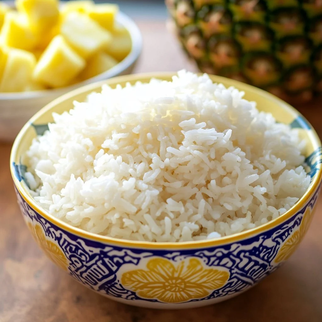 Delicious Instant Pot coconut rice served in a bowl with garnishes