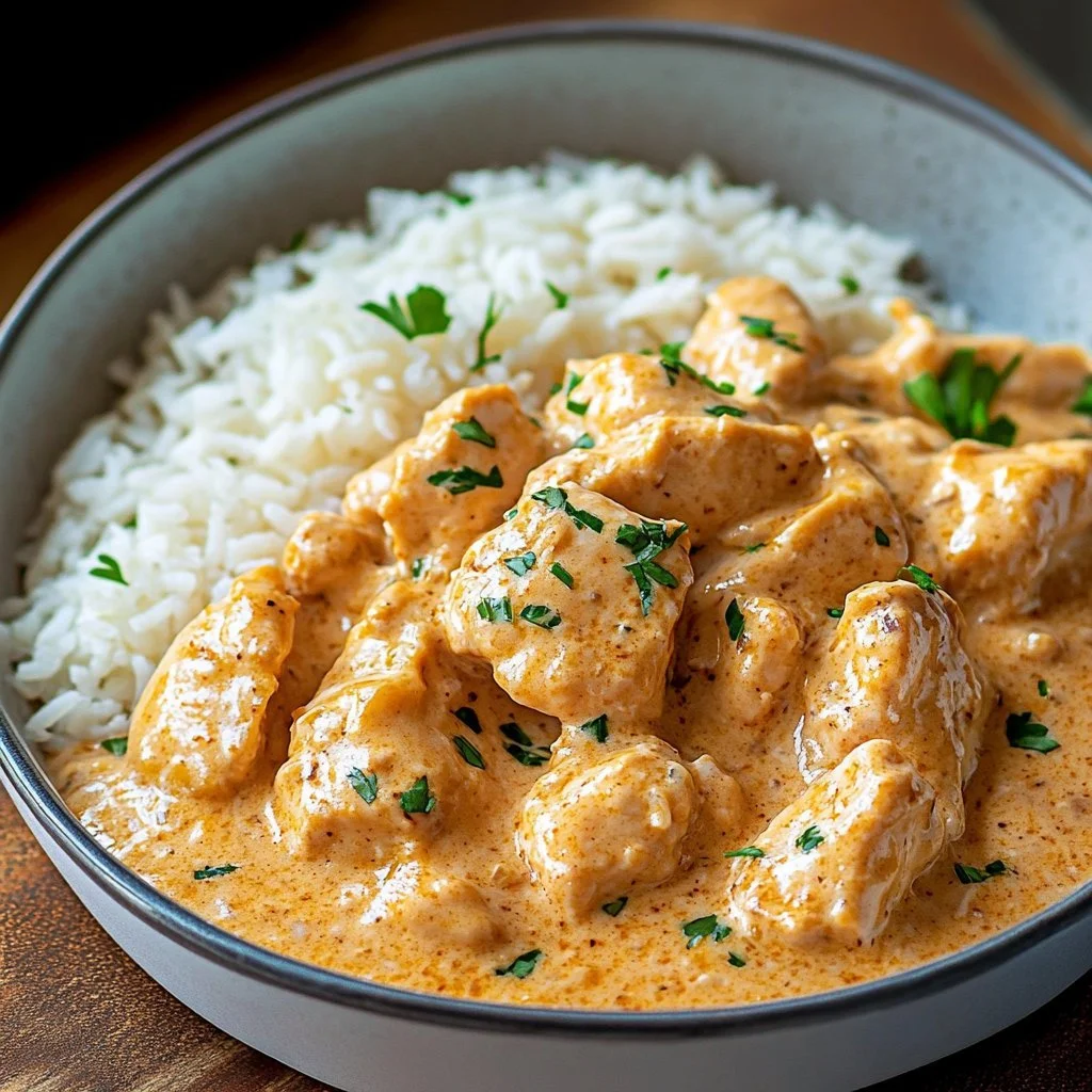 Instant Pot creamy chicken and rice dish garnished with herbs on a plate