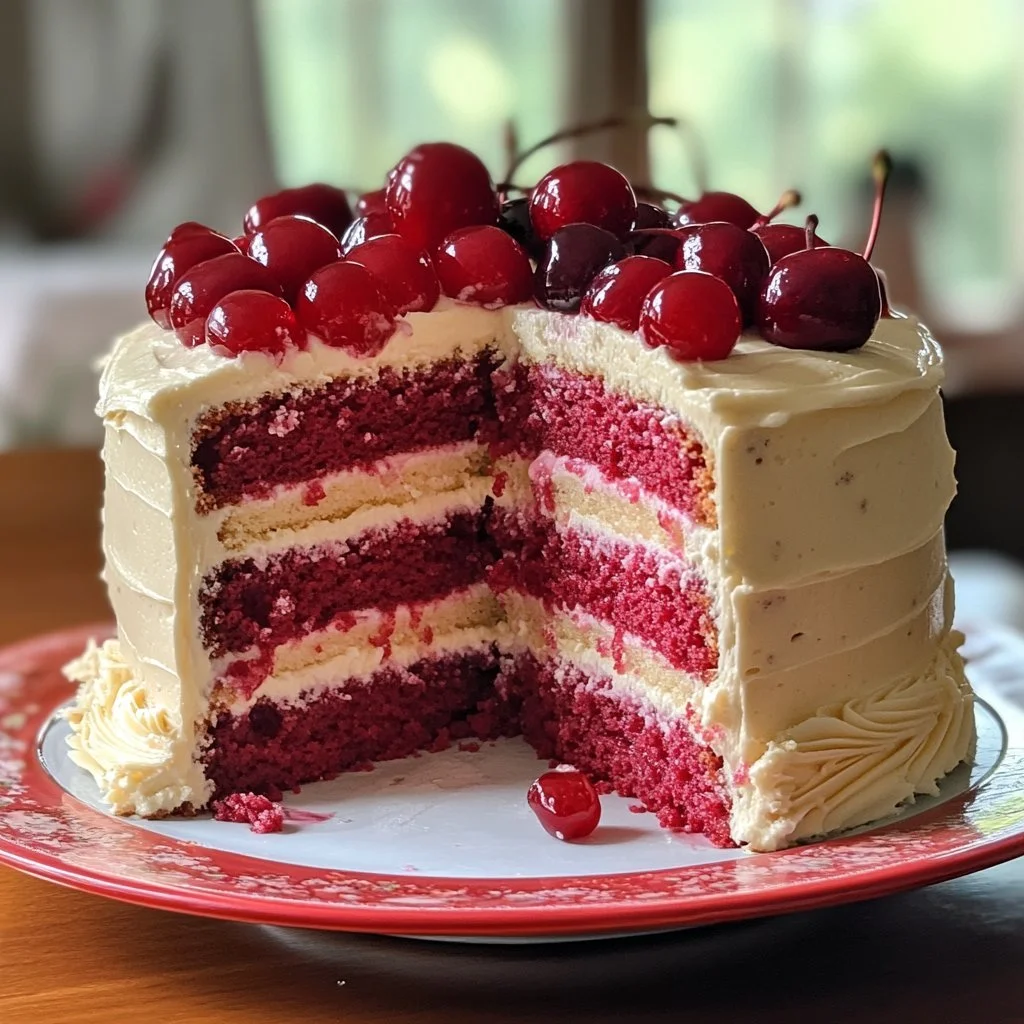 Irresistible cherry cake topped with fresh cherries and cream
