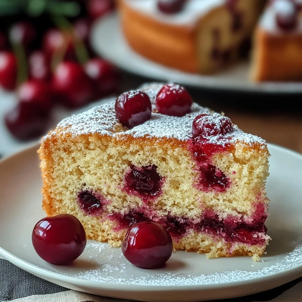 Delicious homemade cherry cake topped with fresh cherries and whipped cream