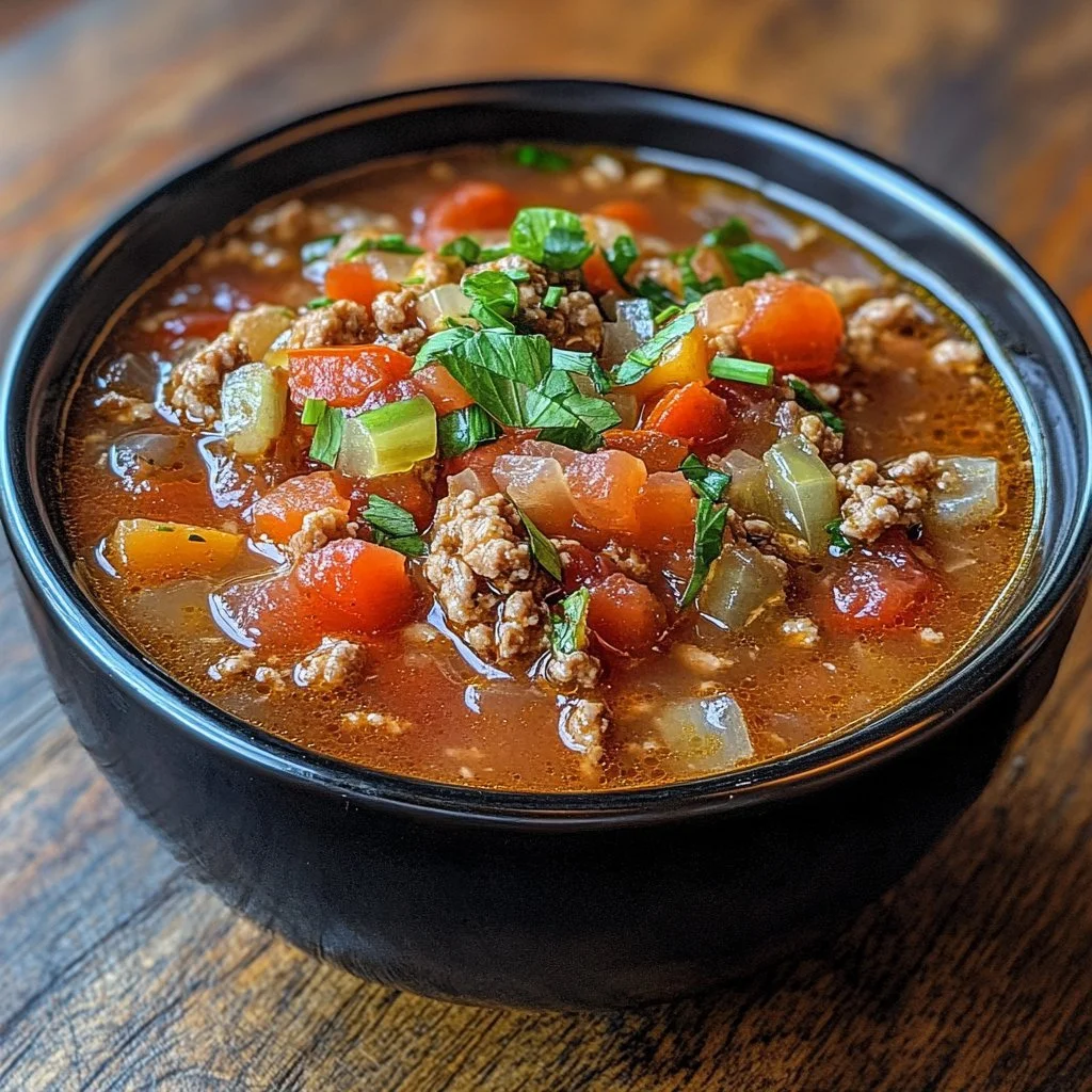 Bowl of Italian Turkey Burger Soup with fresh herbs and vegetables