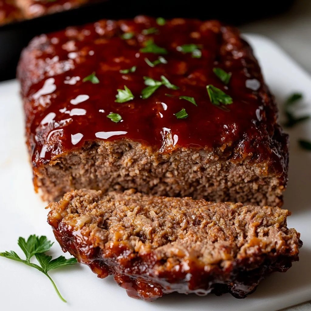 Juicy Keto Meatloaf with glossy glaze on a plate