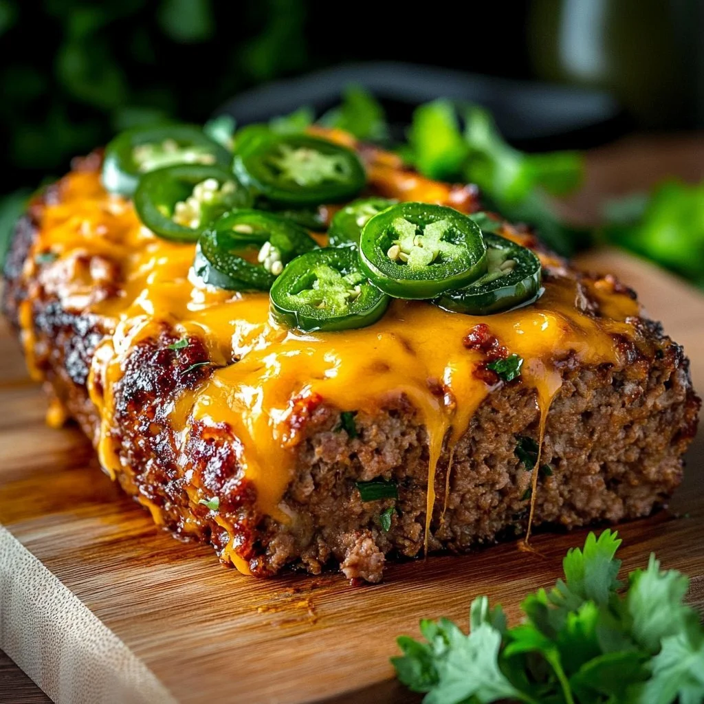 Keto Jalapeño Cheddar Meatloaf sliced and served on a plate