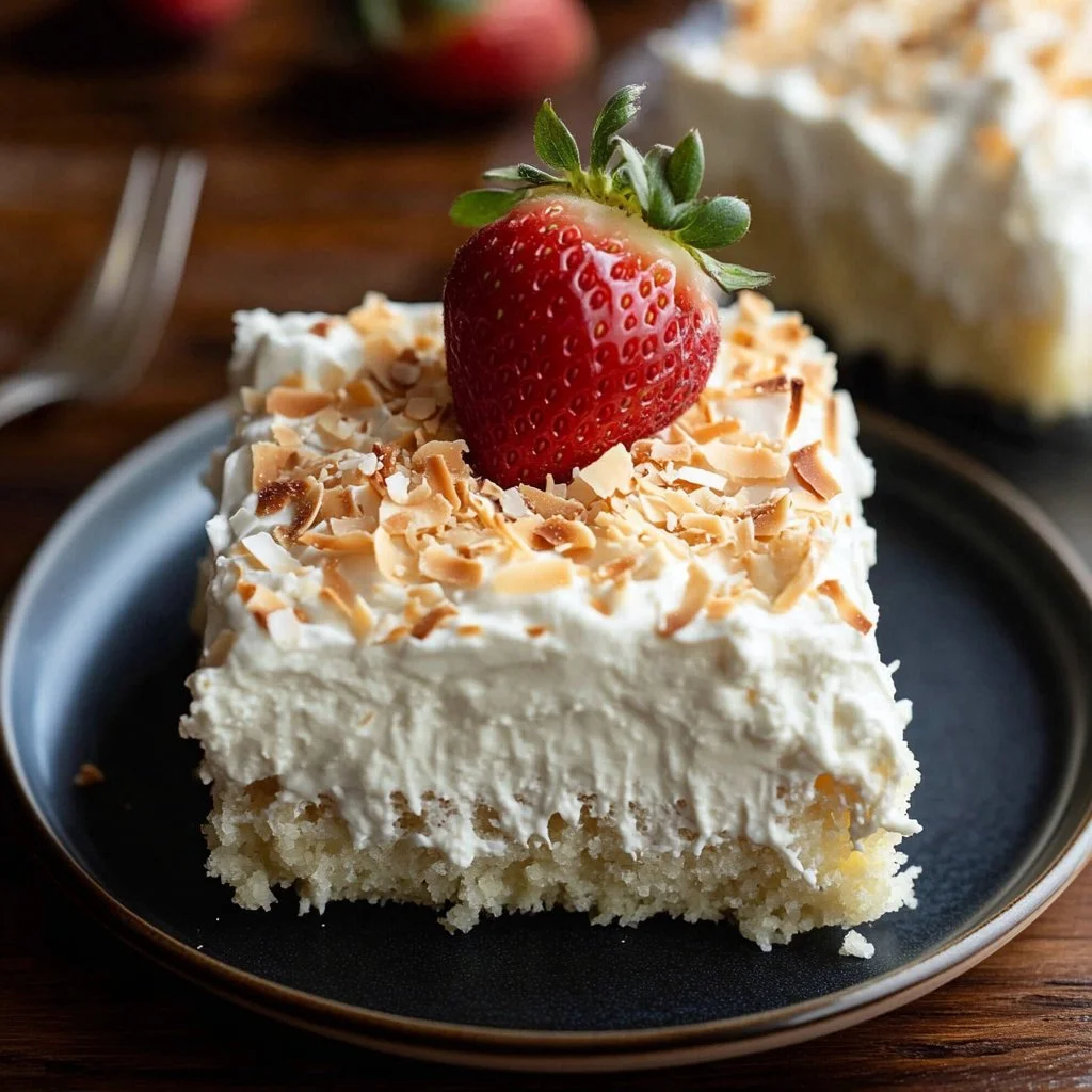 Delicious Keto Poke Cake topped with creamy frosting and fresh berries.