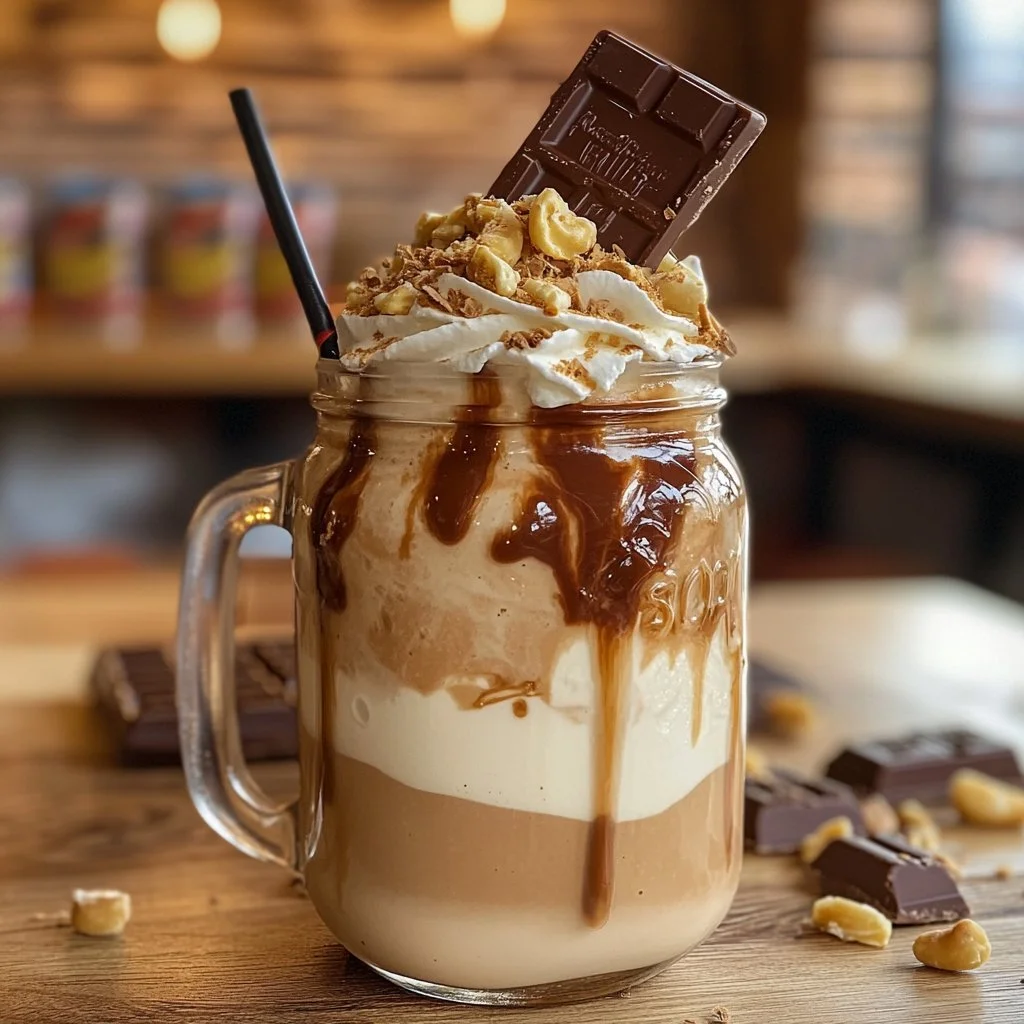 Delicious Kinder Bueno Milkshake topped with chocolate and hazelnuts