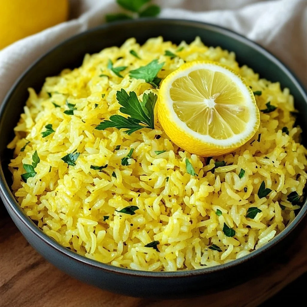 Delicious lemon rice garnished with herbs and spices