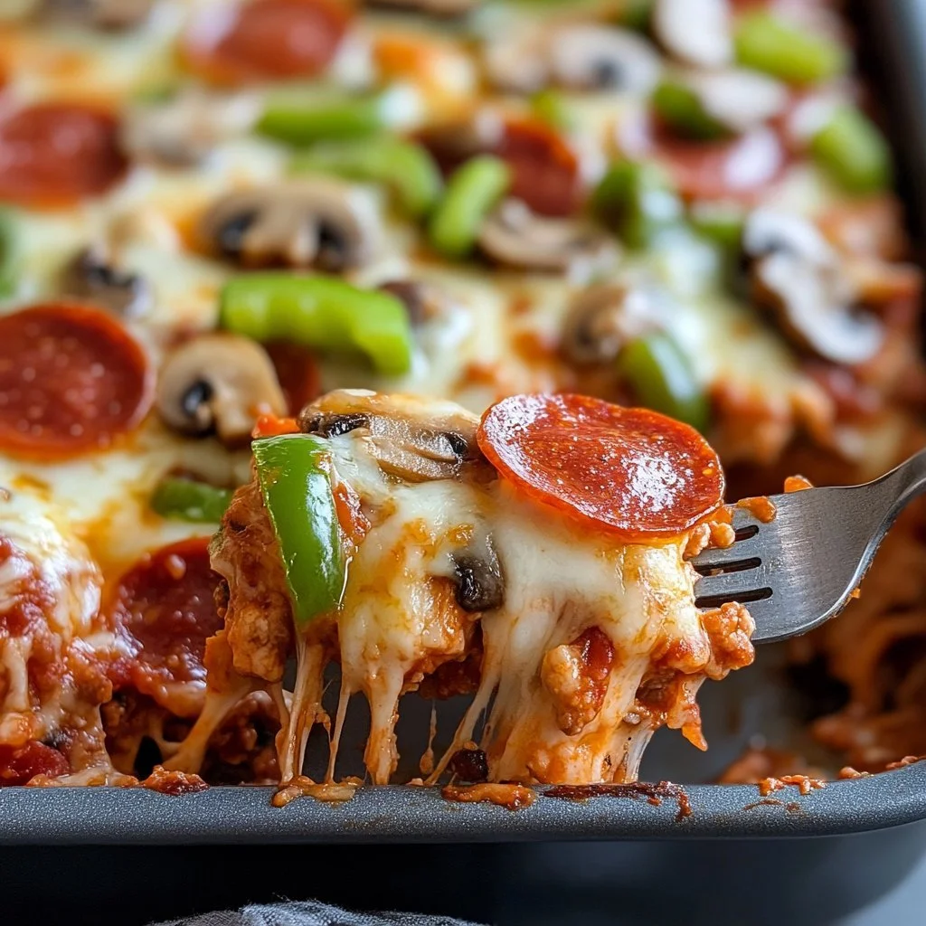 Delicious low carb pizza casserole recipe with melted cheese and toppings.