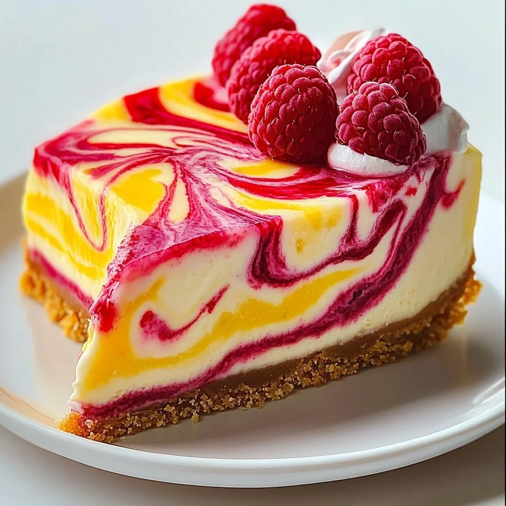 Luscious lemon raspberry swirl cheesecake slice on a dessert plate