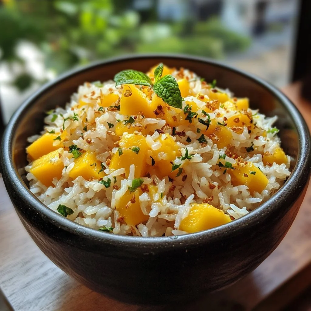 A delicious bowl of Mango Coconut Rice garnished with fresh mango slices and coconut flakes.