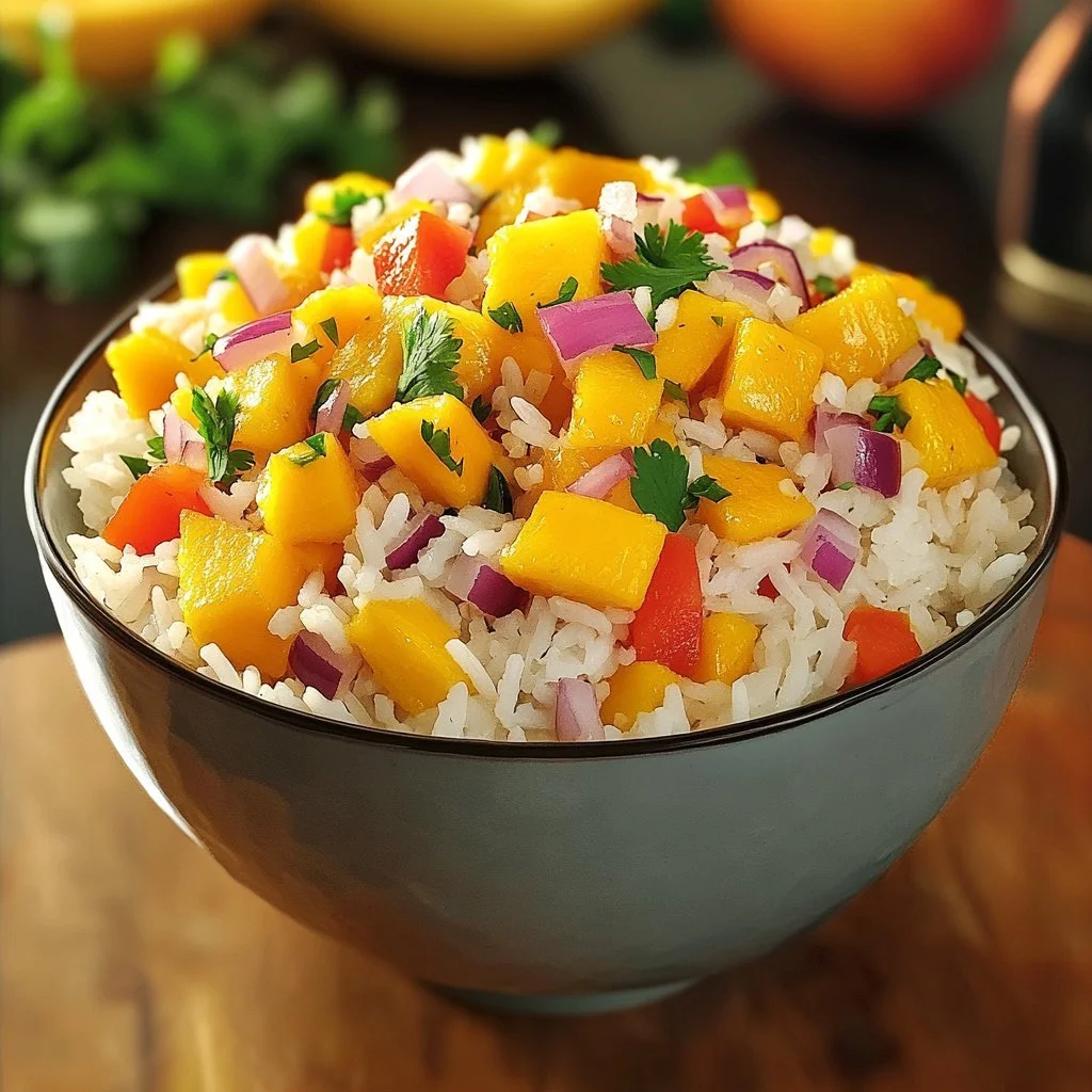 Delicious Mango Rice served in a bowl with fresh mango slices