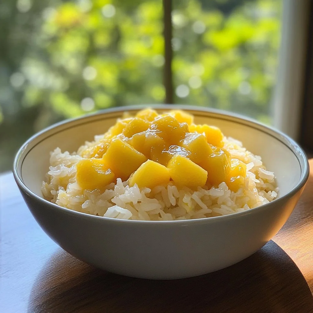 Delicious Mango Sticky Rice topped with coconut sauce and ripe mango slices.