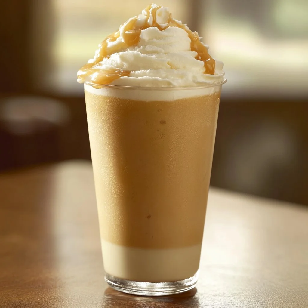 Delicious McDonald's Caramel Frappe in a chilled glass with whipped cream