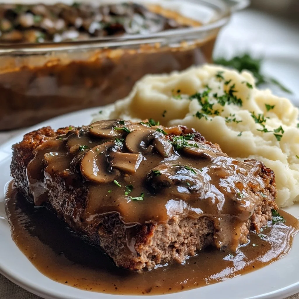 Delicious meatloaf topped with rich mushroom gravy, served on a plate.