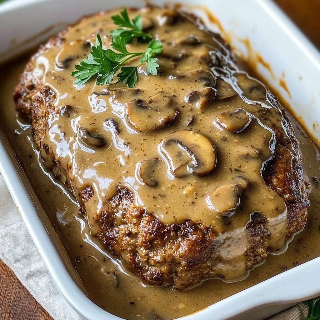 Delicious meatloaf topped with rich mushroom gravy on a white plate.