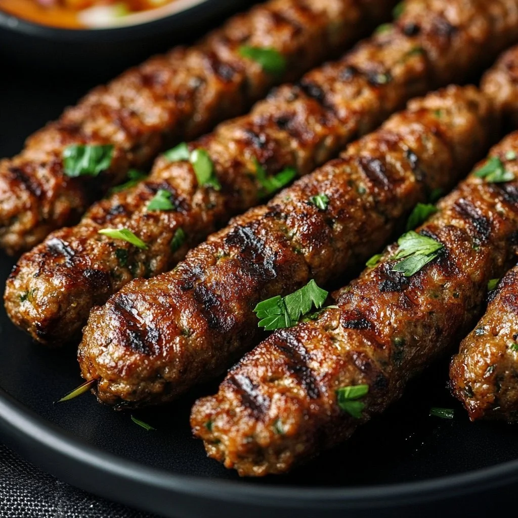 Plate of delicious Middle Eastern kofta kebabs served with fresh herbs and dipping sauce.