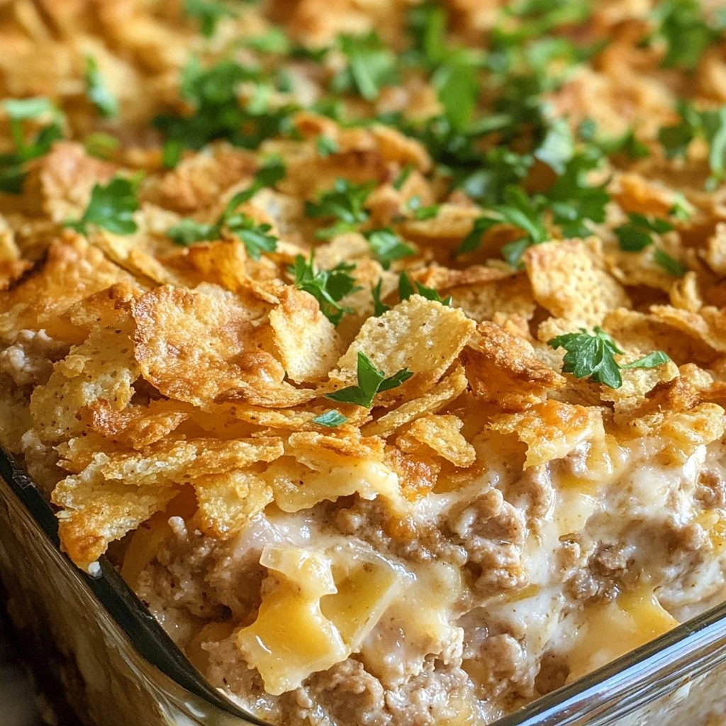 Delicious Million Dollar Ground Turkey Casserole topped with cheese and veggies