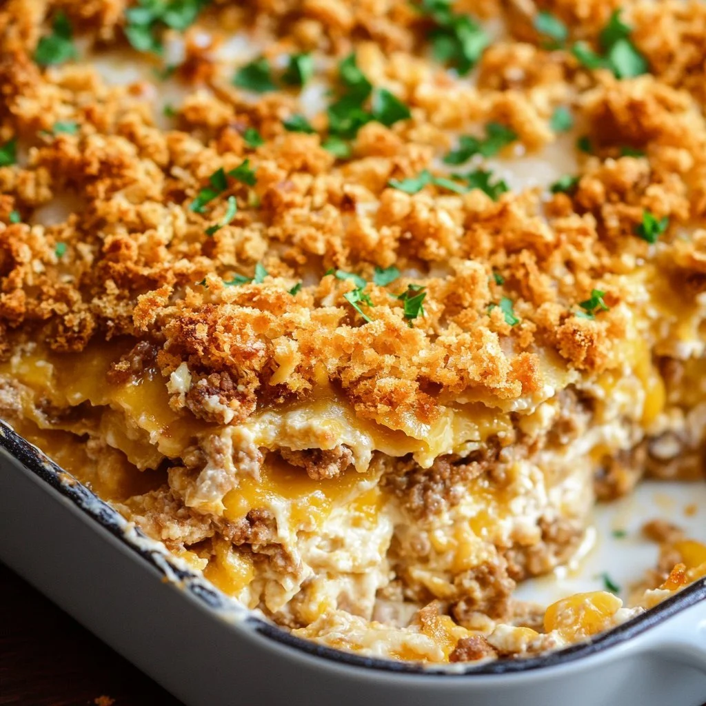 Delicious Million Dollar Ground Turkey Casserole served in a baking dish